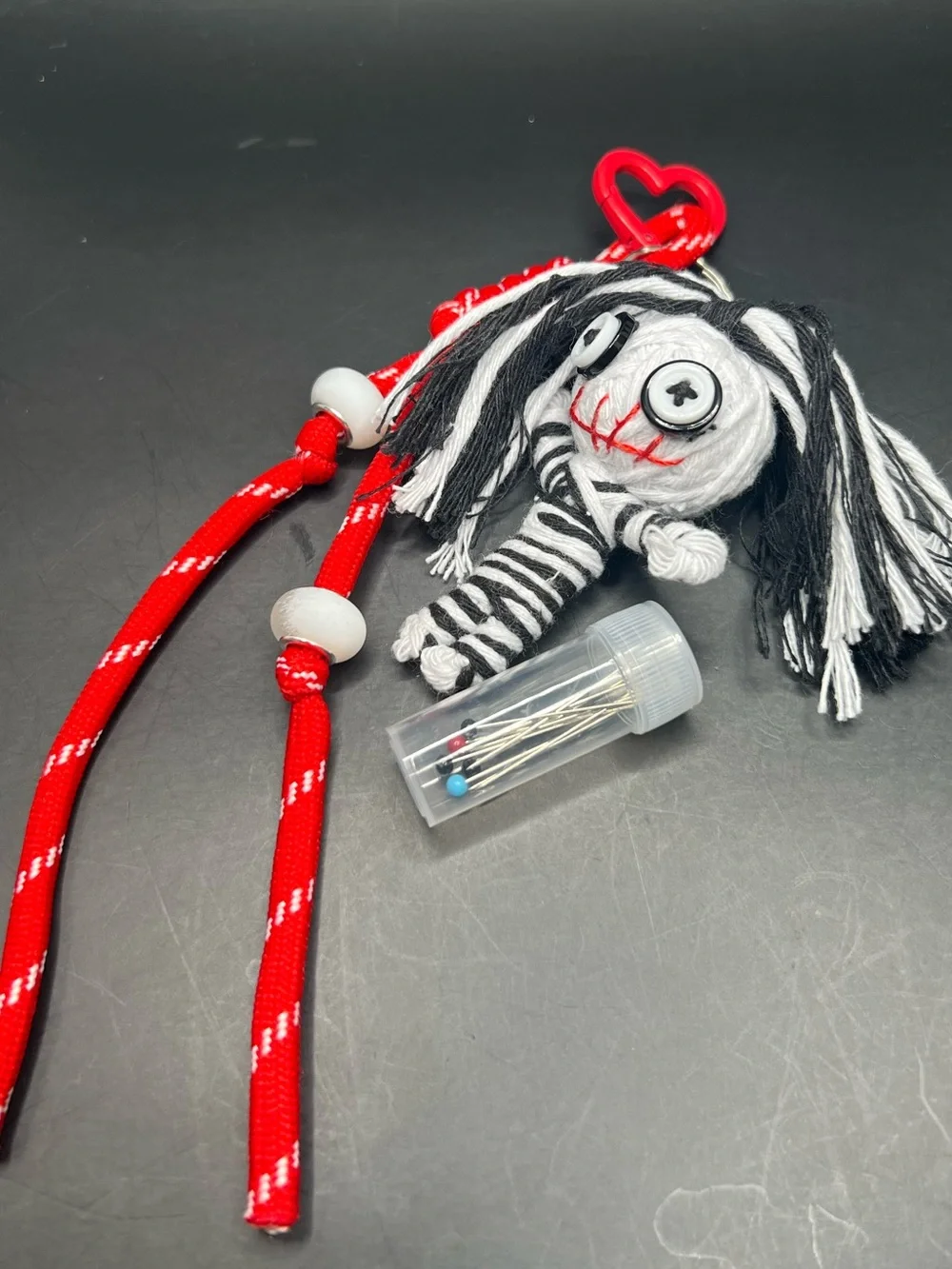 White & Black Voodoo Doll Bag Charm-comes w/ red cord + container of pins